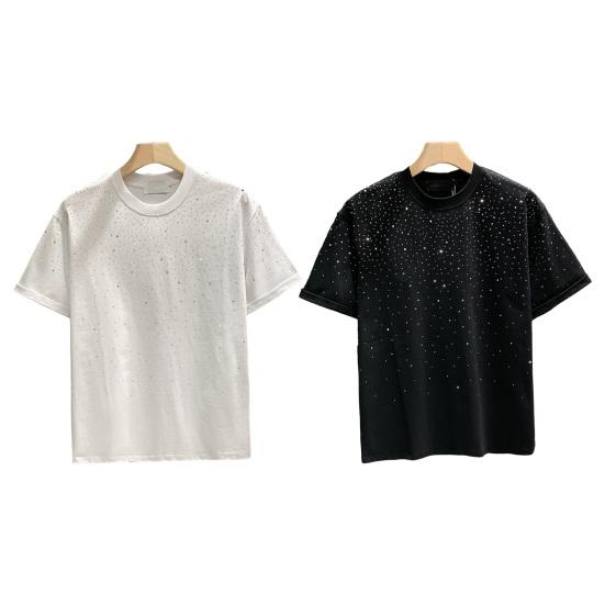 Sommer T-skjorte for menn Rhinestone Dekor Rundhals Løs Pure Farge Kortermet Pullover Uformell Midt Lengde Daglig slitasje Sport Topp