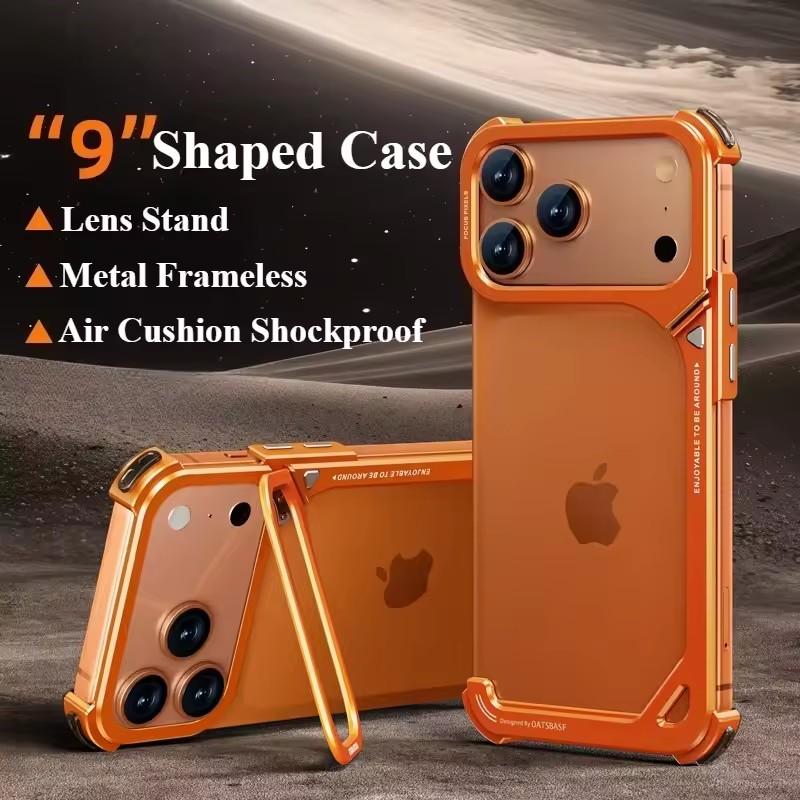 Eary 9-Shaped Phone Case for iPhone 17 Pro Max 17 Pro for Magsafe With Lens Holder Stand Metal Frameless Bumper Anti-Drop Shells