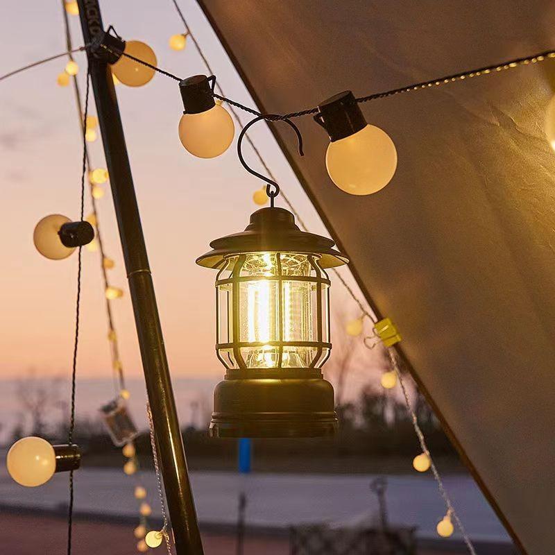 Camping Lantern USB Rechargeable Battery Powered Retro Camping Light Waterproof Hanging LED Tent Lamp for Hiking Fishing