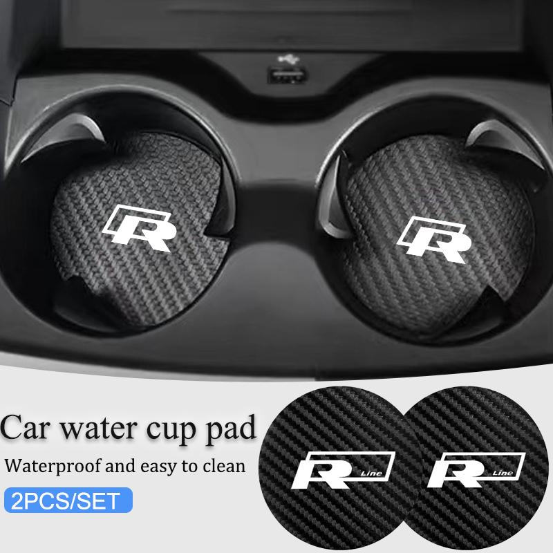 OPQ1 2Pcs Carbon Fiber Coaster Car Water Cup Anti-slip Pad Mat Auto Interior For Volkswagen VW Tiguan GTI RLine R Golf Amarok T5 ID3