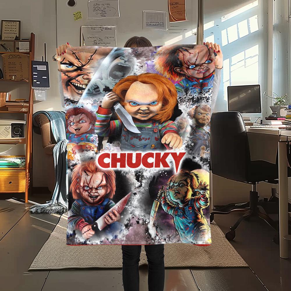 1PC Chucky Print Flannel Blanket, High quality All Seasons, Home Decor, Warmth and Comfort, Perfect for Christmas Gifts