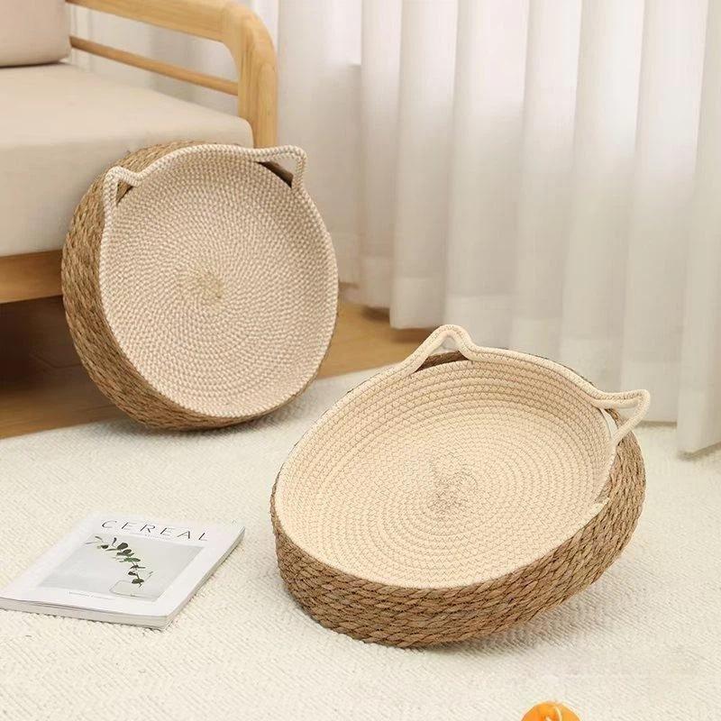 Rattan Woven Cat Bed Round Cat Scratcher Pad Wear Resistant Non Shedding Breathable Sleeping Nest For Indoor Cats All Season Use