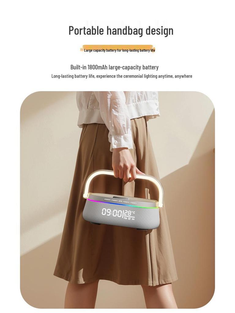 Multifunction Wireless Bluetooth Speaker with Charging, Desktop Clock, Alarm, Subwoofer, Night Light, and Stand