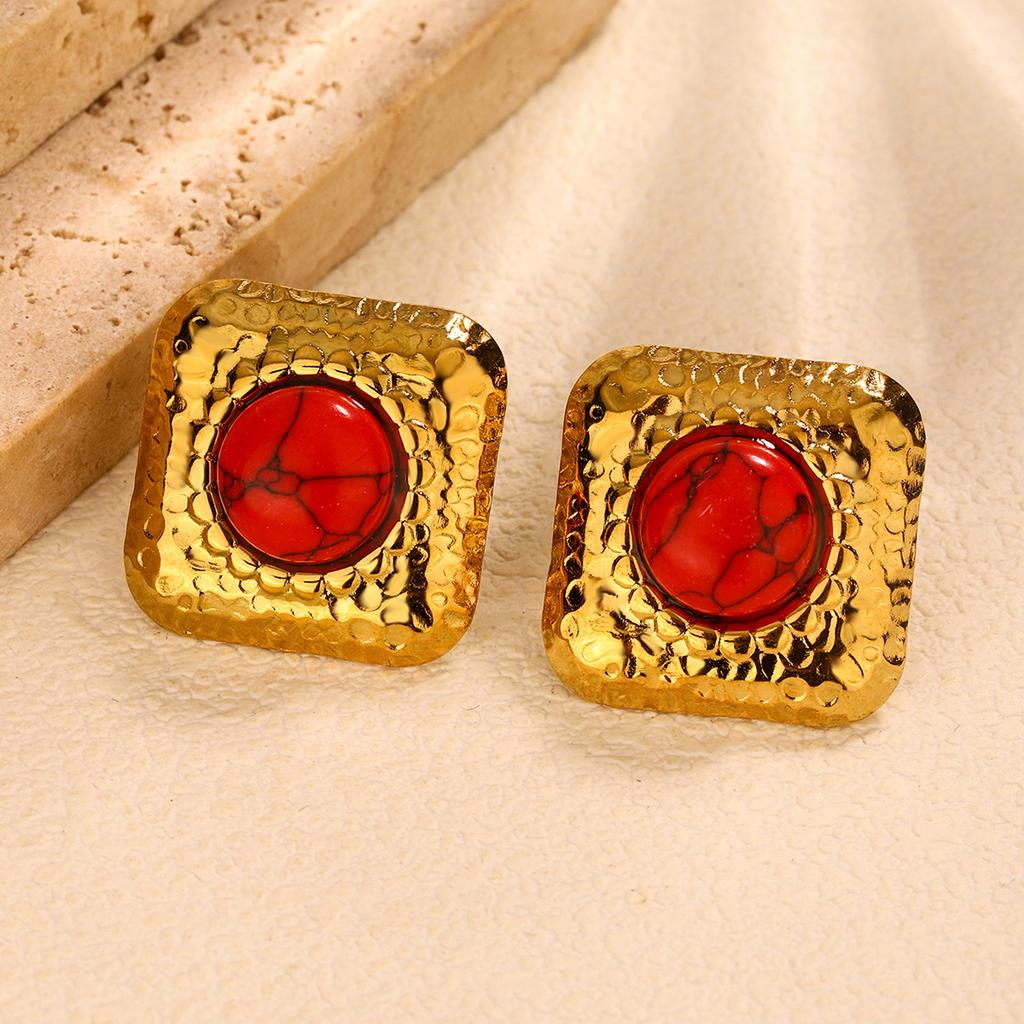 French Retro Turquoise Square Earrings 1111 Trendy Niche Design Sense Premium Earrings Titanium Steel Earrings