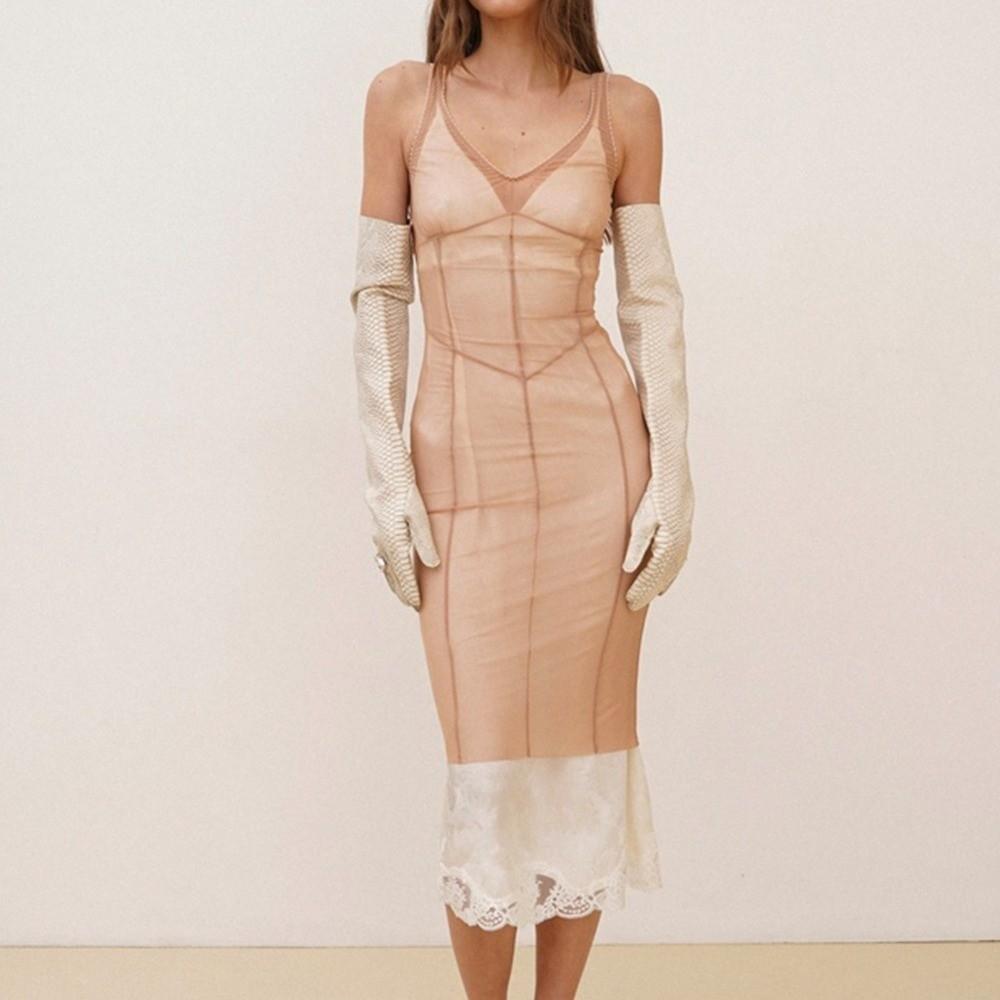 Sleeveless Mesh Cover Up Dress Lace Trim Slip Smock Sexy Sheer Mesh Dress  Lady Outfit