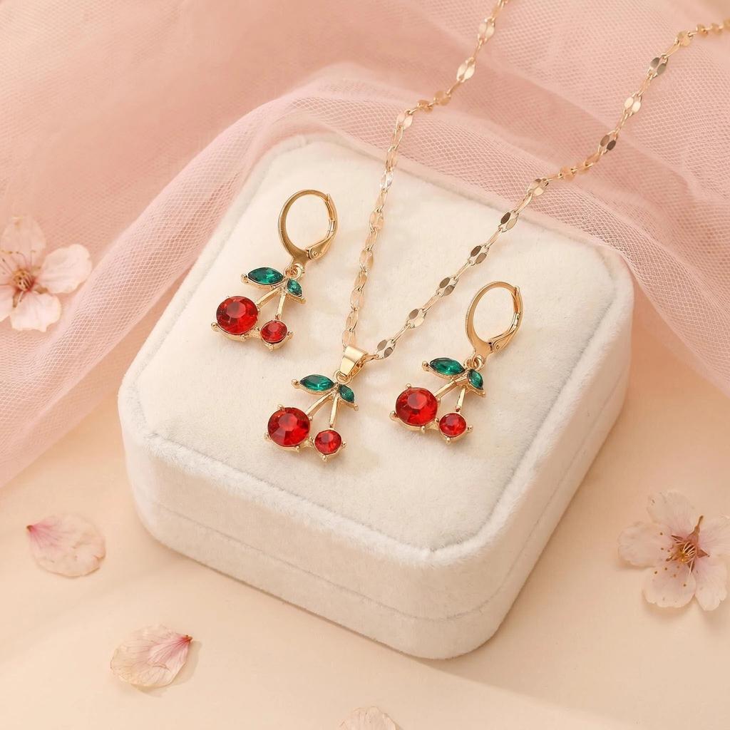 Sweet Cherry Necklace And Earring Set For Women Cute Fruit Jewelry Summer Accessories