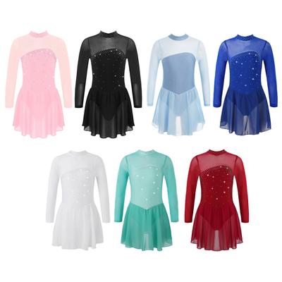 Eiskunstlaufkleid für Kinder, Mädchen, langärmelig, Tutu, Netzstoff, Ballett, Tanz, Gymnastik, Trikotkleid