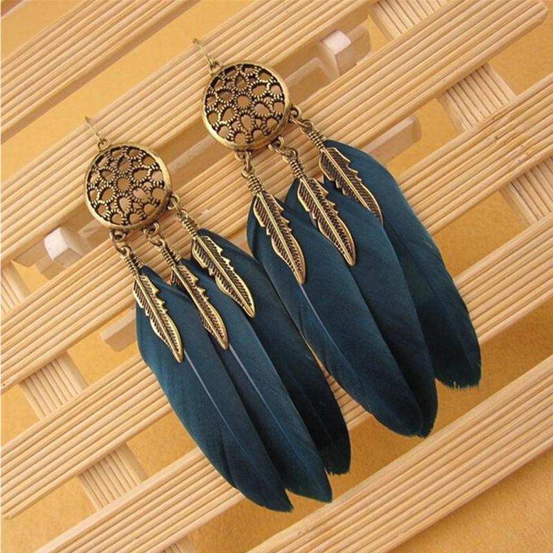 Hollow Vintage Leaf Feather Drop Earrings Bohemian Feathers Long Design Hollow Metal Earrings Ladies Zircon