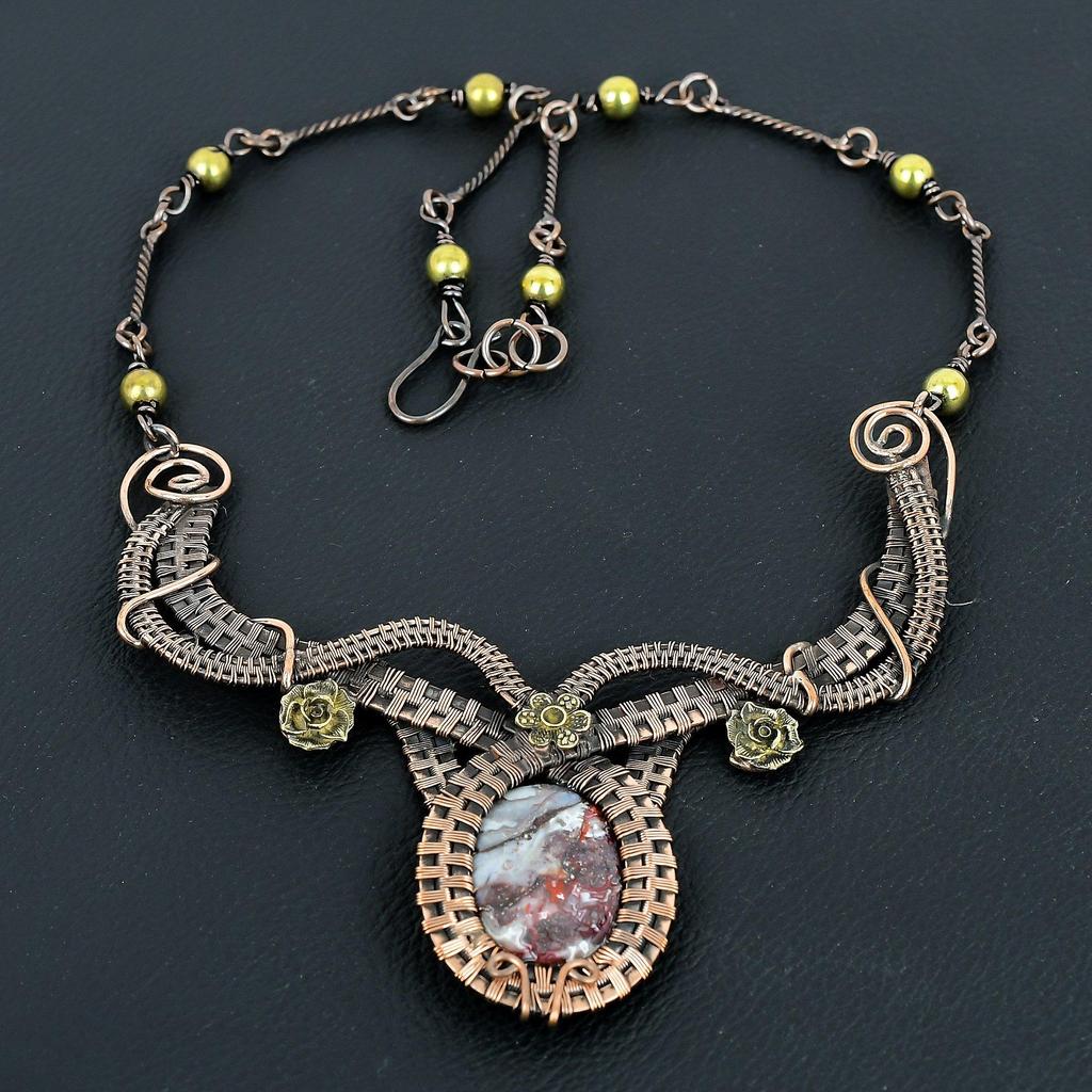 Crazy Lace Agate Handmade Gemstone Necklace, 999 Copper Wire Wrapped Necklace Antique Jewelry, For Engagement Gift