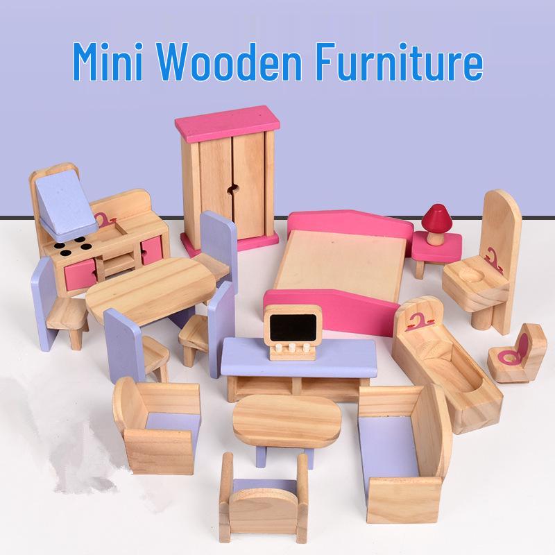 Wooden Doll Furniture Set: Mini Sofa, Cabinet, and Wardrobe for Child's Pretend Play