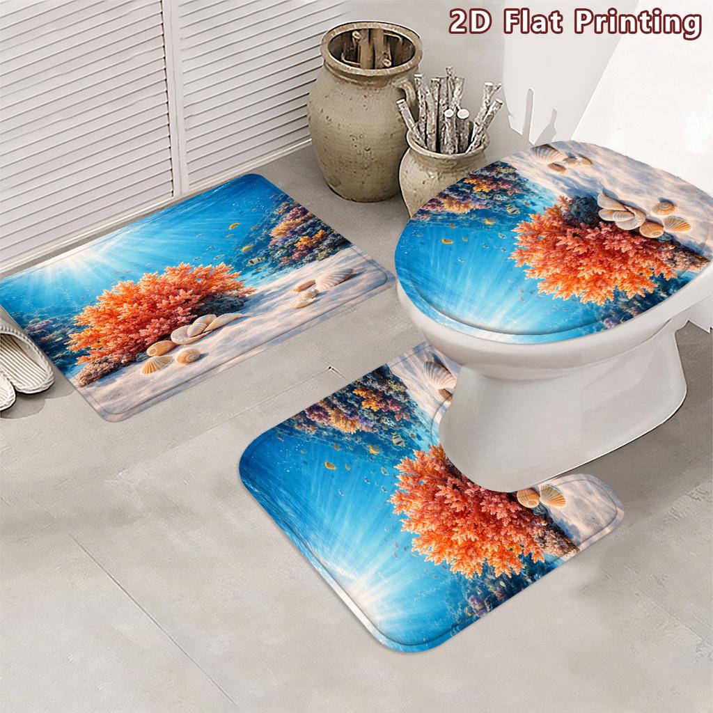 4Pcs 2D Flat Underwater Reef Shower Curtain Set with Non-Slip Bath Mat, Toilet Lid Cover, Contour Rug & 12 Hooks, Bathroom Decor