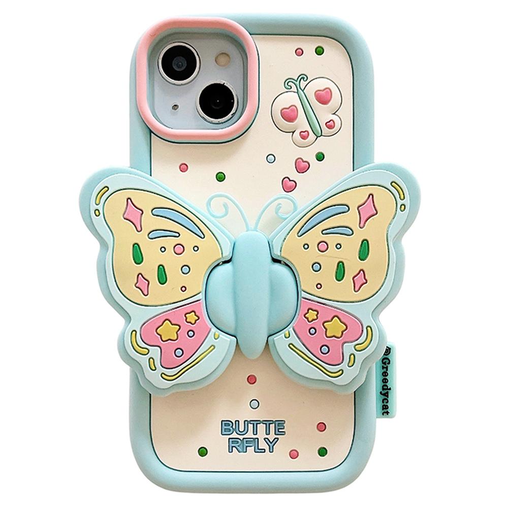 

Для iPhone 15 Силіконовий чохол Милий дизайн з підставкою-метеликом Ударостійка задня кришка телефону Blue