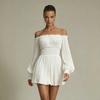 European and American Summer Women's Clothing Pleated One-word Collar Long-sleeved Waist Casual French Dress