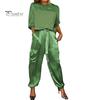 Set di 2 pantaloni da donna in raso con maniche a tre quarti in raso o collo con lacci in vita tinta unita morbido traspirante tasche casual camicetta ampia pantaloni set