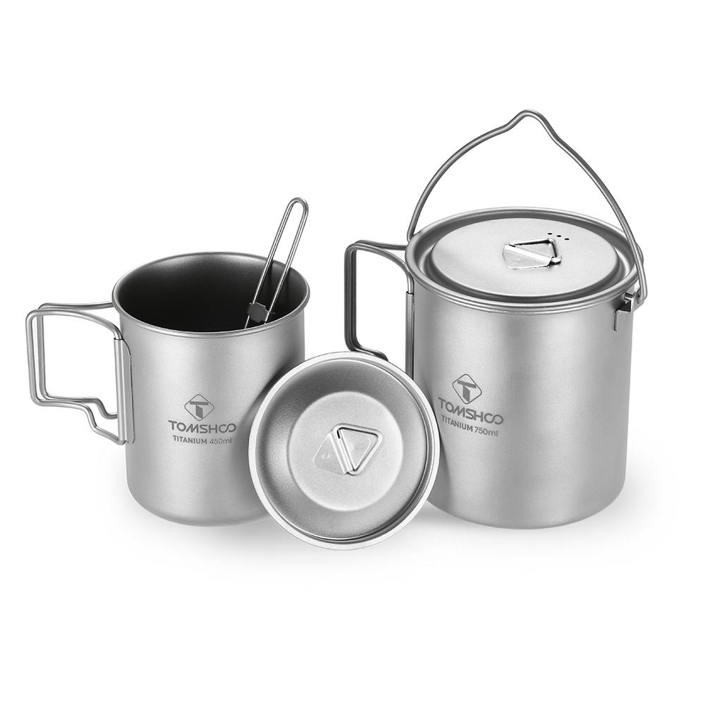 Lightweight Titanium 3 Pieces Set Titanium 750ml Pot 450ml Water Cup Mug with Lid Collapsible Handle Folding Spork for Outdoor