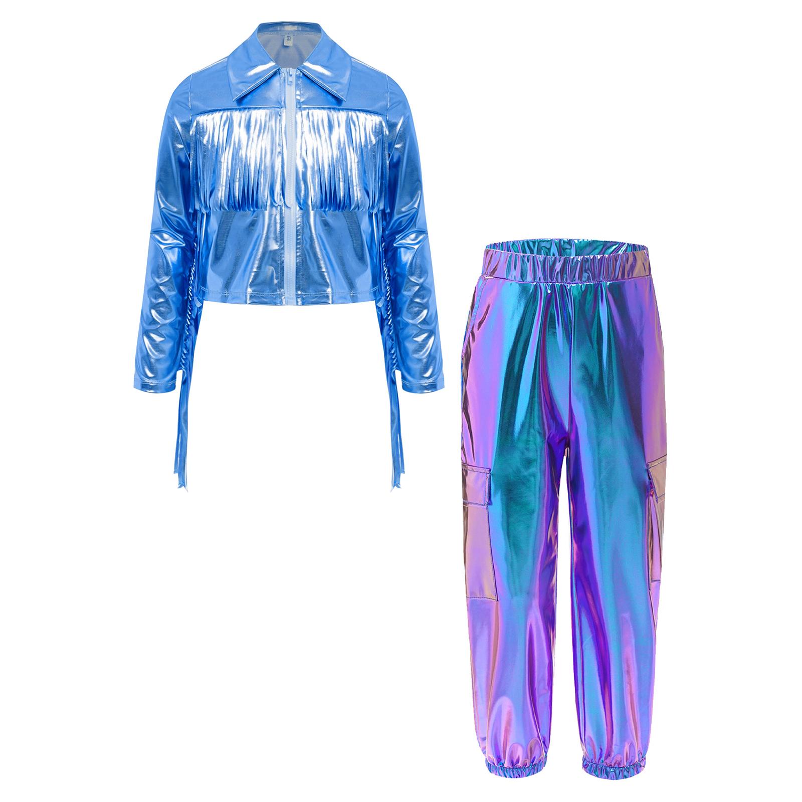

Дівчачий джазовий костюм з відкладним коміром, довгими рукавами, блискавкою, китицями, металізована куртка та блискучі штани для хіп-хоп танцю 9-10 Years синій