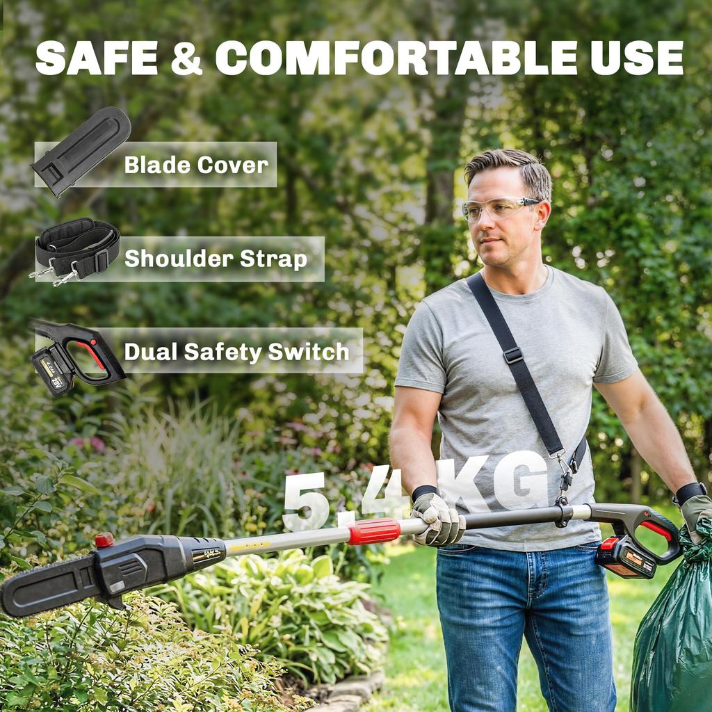 18V 8" Cordless Pole Chainsaw, 1.94m/2.56m Electric Chainsaw with 2 X 4.0Ah Batteries, Charger, Auto Lubrication