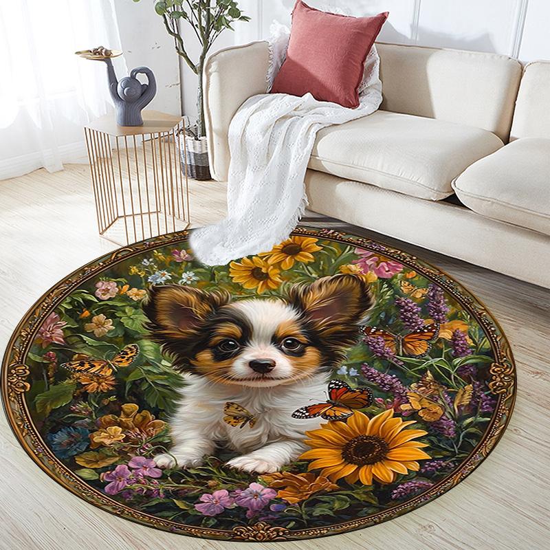 Puppy In Sunflowers Round Area Rug,Carpet Rug for Living Room Bedroom Sofa Playroom Decor,Non-slip Floor Mat