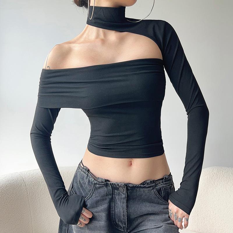 European and American Style Spice Girl Hanging Neck Asymmetrical Long-sleeved Off-the-shoulder Flanged Tube Top Fashion Street Personality Casual T-sh