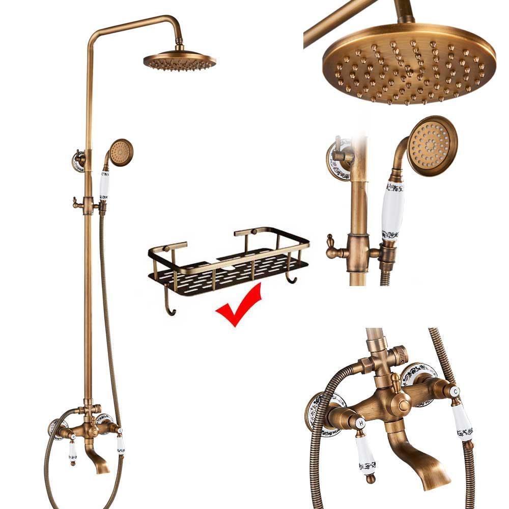 Antique Brass Shower Faucet Mixers Dual Handle Rainfall 8" Brass Shower Head with Bath Storage Shelf and Hooks Shower Water Tap