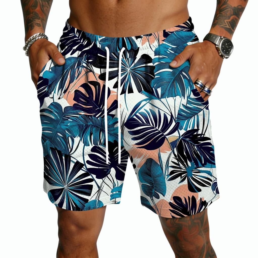 Men's Casual Drawstring Shorts Lightweight Quick Dry Five Inch Inseam Hawaiian Print Beachwear Swim Trunks with Elastic Waistband