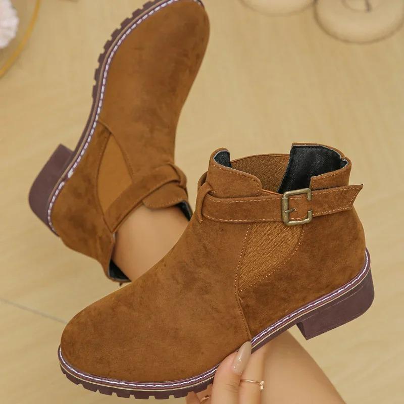 Women's Shoes 2025 High Quality Belt Buckle Women's Boots Fashion Plus Size Modern Boots Women Hot Sale Round Toe Naked Boots