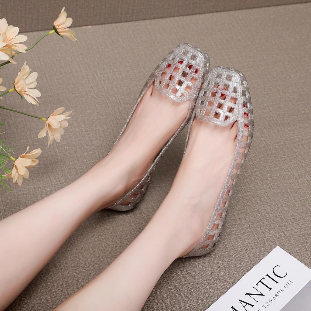 Square Head Flat Bottom Sandals Women's Summer Outer Wear Hollow Bag Bag Heel Jelly Shoes Beautiful Small Heel Shallow Mouth Fashion Shoes