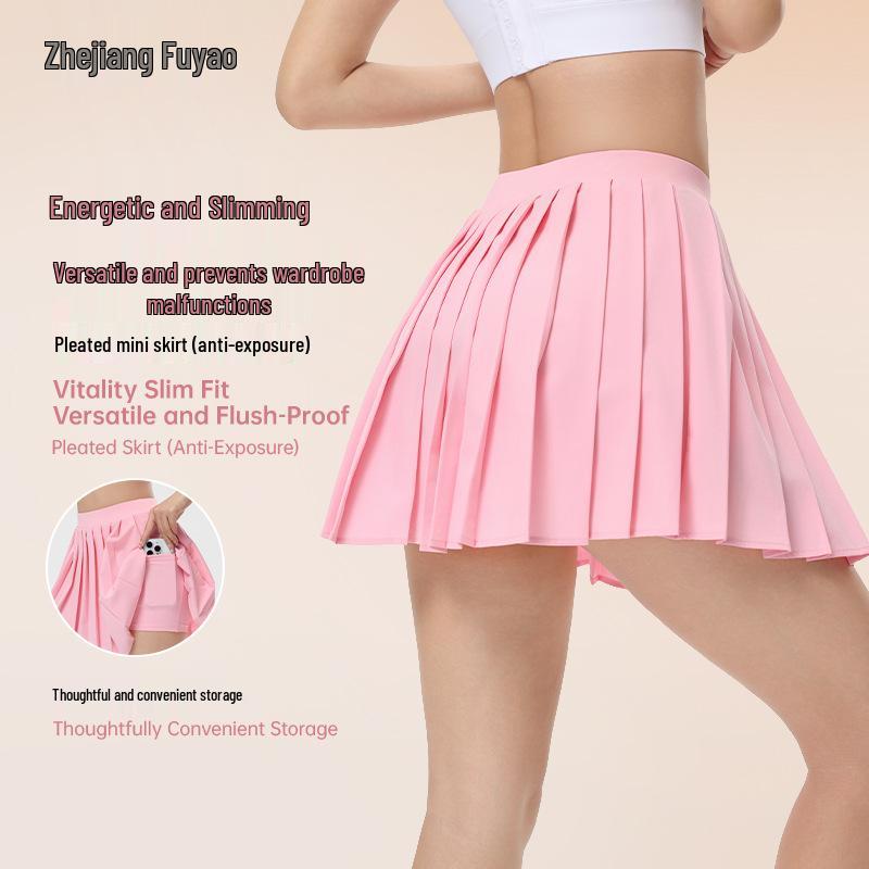 Pleated High Waist Yoga Skirt with Built-in Shorts & Pockets