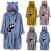 Women Casual Print Cat Ear Hooded Long Sleeves Pocket Irregular Top Blouse Shirt