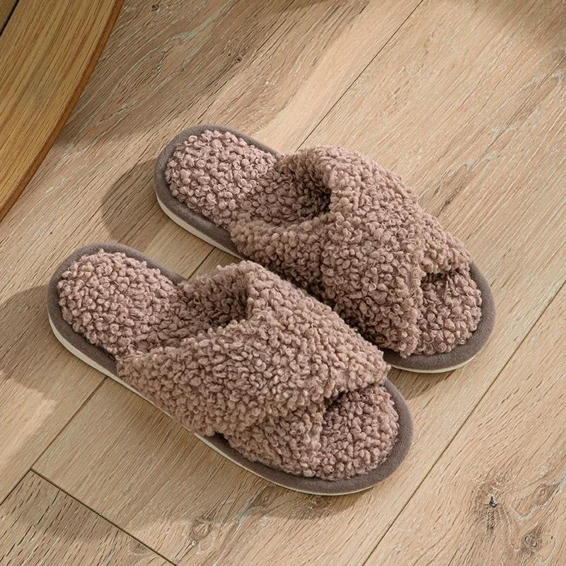 Fashion Fashion Cross Strap Fuzzy Slippers Women Indoor House Non Slip Warm Plush Woman Slippers Winter Comfort Soft Sole Cotton Slides