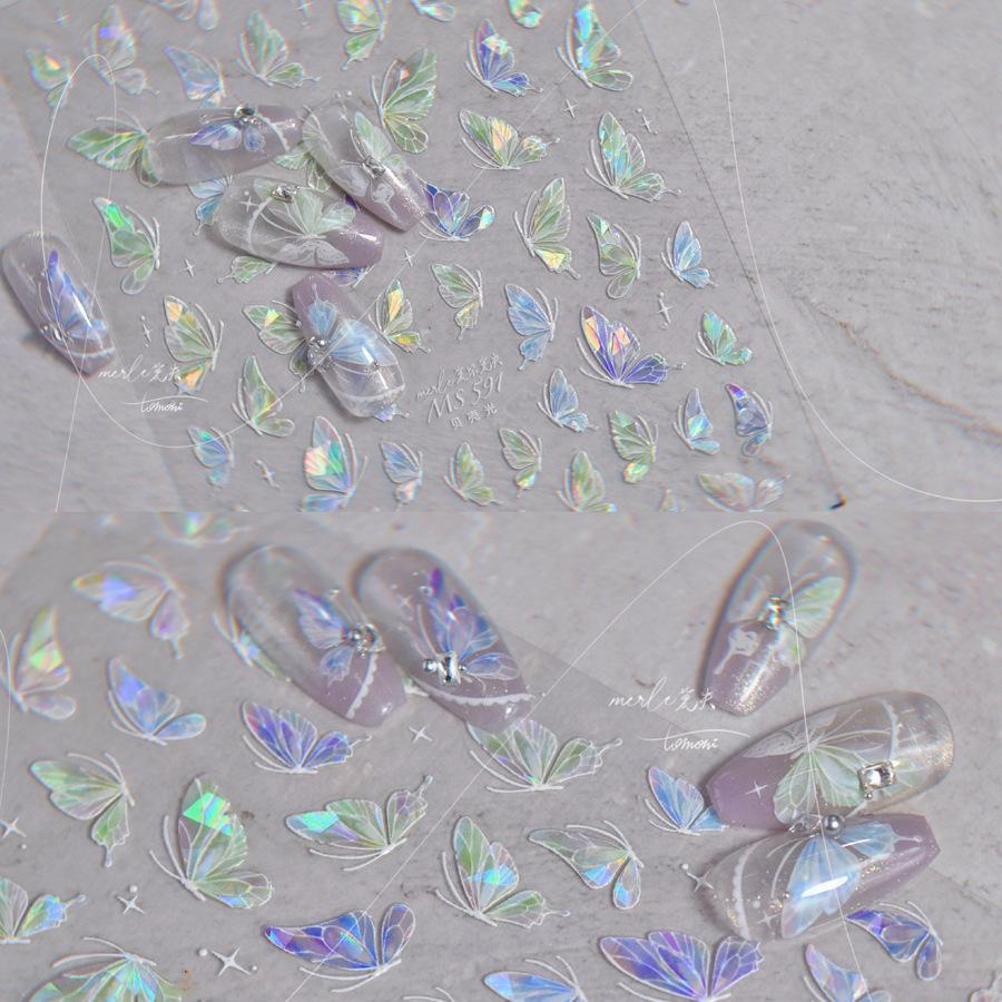 1 Piece 5D Retro Colorful Hand-painted Butterfly Nail Stickers Shell Light Butterfly Rhinestone Soft Relief Nail Art Stickers