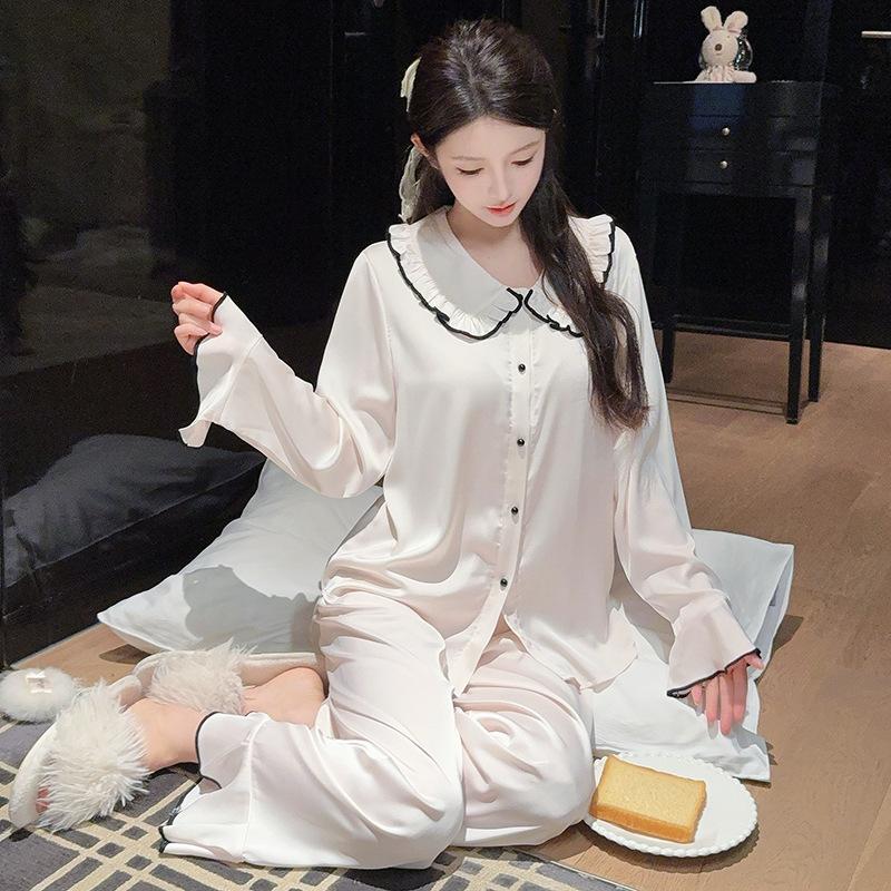 High-end Ice Silk Pajamas Women's Summer New Long-sleeved Trousers Doll Collar Set Korean Version of Ice and Snow Silk Women's Loungewear