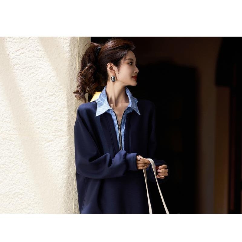 Autumn and Winter Korean Style Fake Two-piece POLO Collar Top Fashionable and Stylish Mid-length Sweatshirt for Women