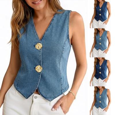 Womens Button Down Denim Vests Tops  Casual V Neck Cropped Jean Tank Tops