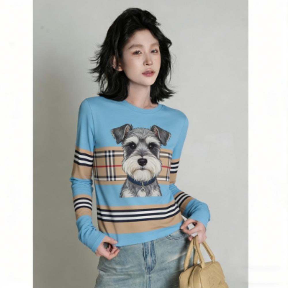 Europe America Fashion Animal Dog Print Women's T-shirt Casual Pullover Women Long Sleeve Clothing Outdoor Street Tees Top