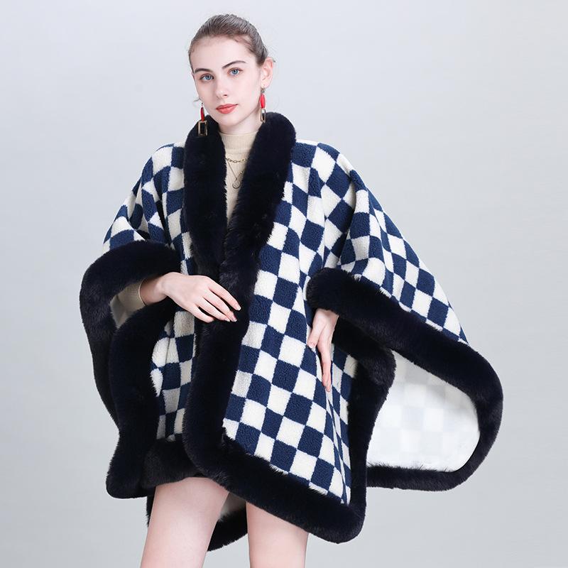 Fashion Scarf Shawl Thickened Plaid Fur Collar Cape Shawl 0982 #