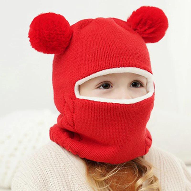 New Baby Boy Girl Hats Scarf All In One Winter Thicken Plus Velvet Face Ear Protection Knitted Cap Outdoor Toddler Kids Warm Hat
