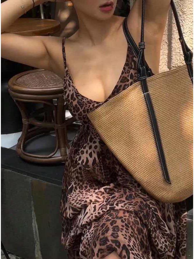 Spicy Leopard Print Backless V-Neck Spaghetti Strap Summer Dress - Elegant and Slim Fit