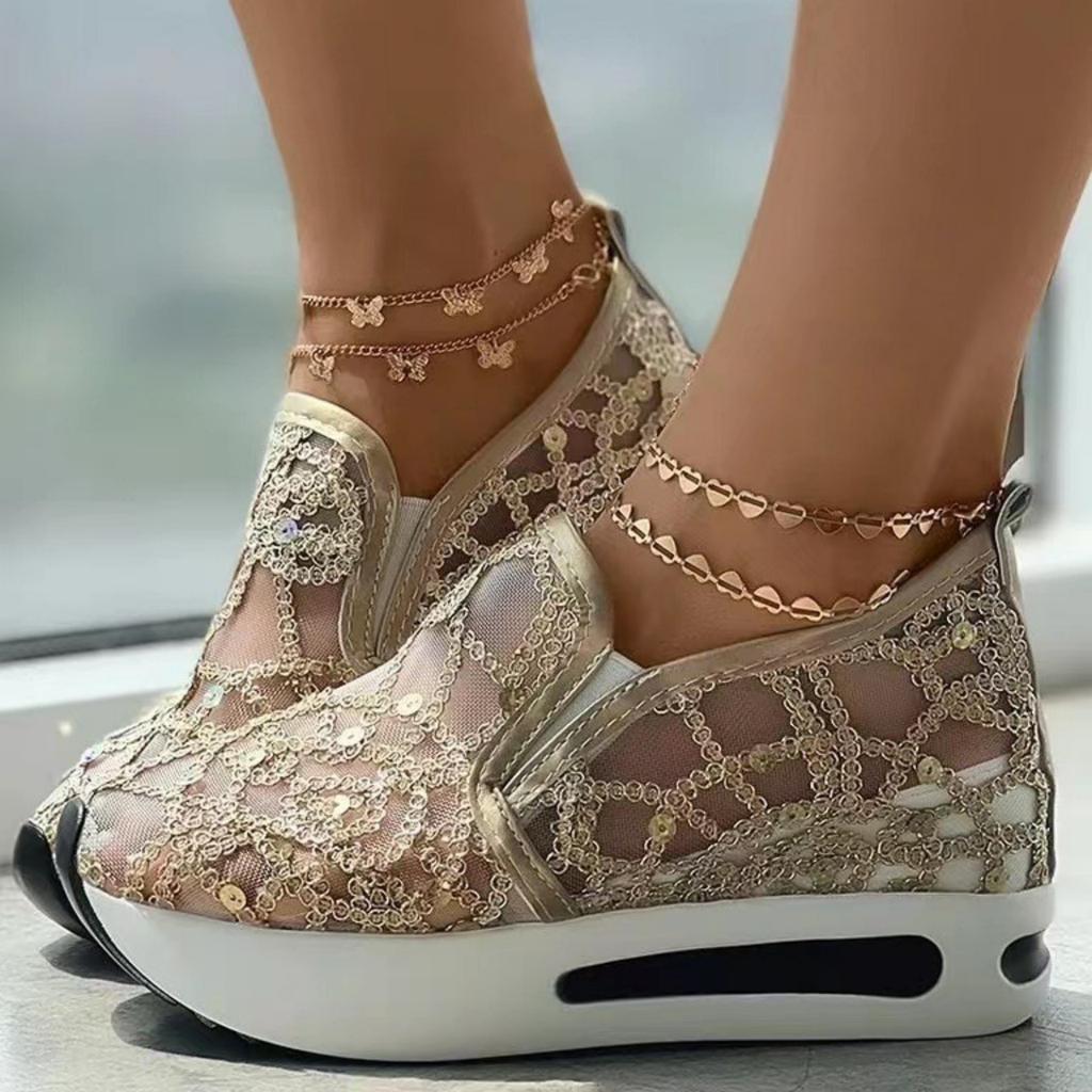 Women's Lace Embroidered Sequins Flat Elevator Shoes for Casual Wear