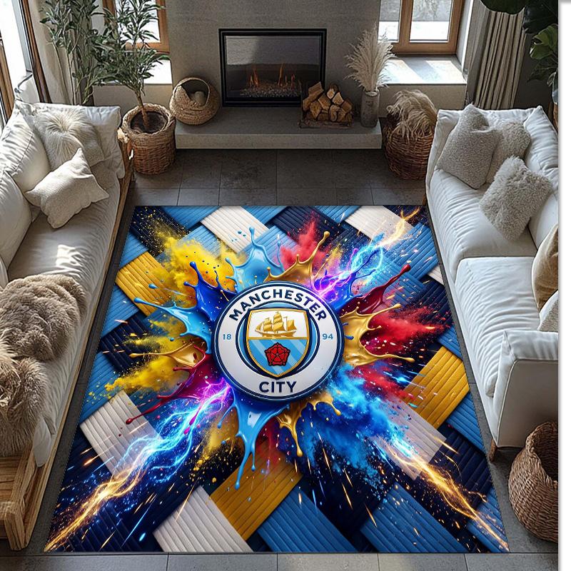 Manchester City Printed Flannel Area Rug Non Slip Soft Polyester Floor Carpet Indoor Decor Mat for Bedroom Living Room Sofa