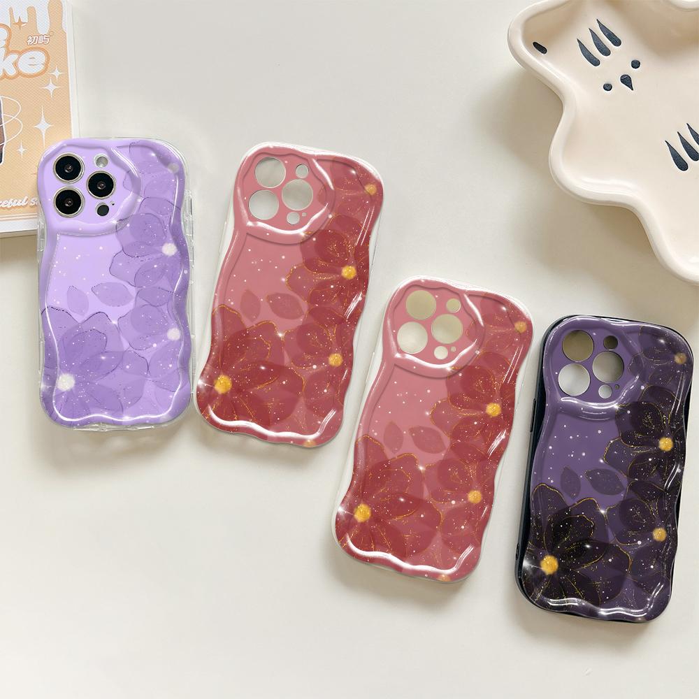 For iPhone 16 15 14 Samsung S25 S24 S23 A06 A13 A14 A15 A16 A55 Redmi 14C 13C Note 14 13 12 Cream Texture Wavy Edge Flower Design Soft Phone Case