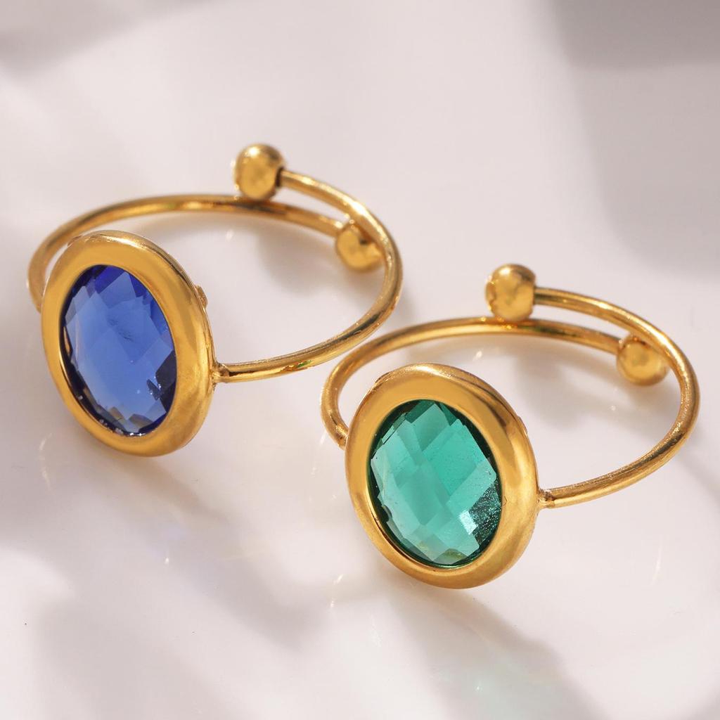 18k Gold Plated Open Ring with Qiong Yao Czech Glass Stone in Stainless Steel Bezel