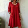 Women's Color V-Neck Sweater Dress with Lace Trim, Button and Two Pockets
