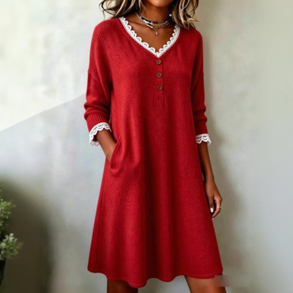 Women's Color V-Neck Sweater Dress with Lace Trim, Button and Two Pockets