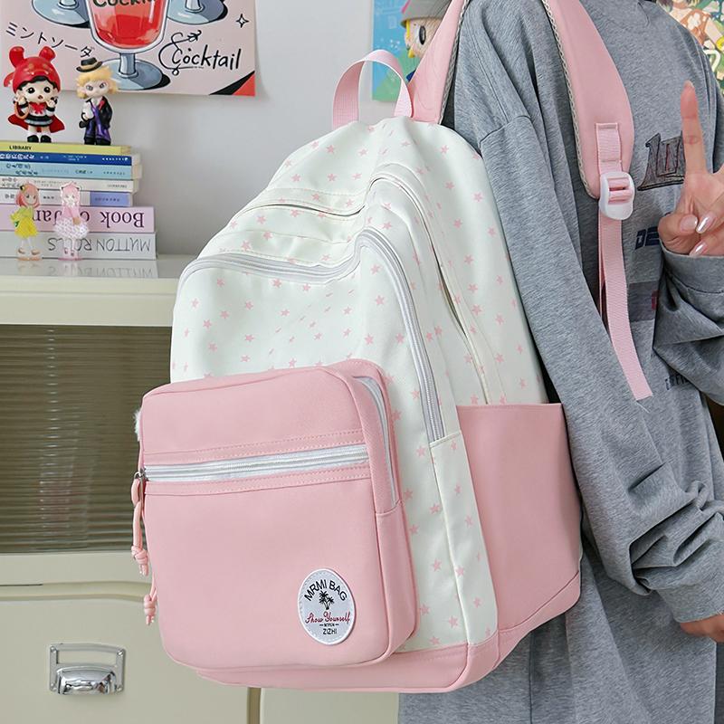 Student Schoolbag Women's Large Capacity Star Printed Backpack Colorblock Travel Backpack