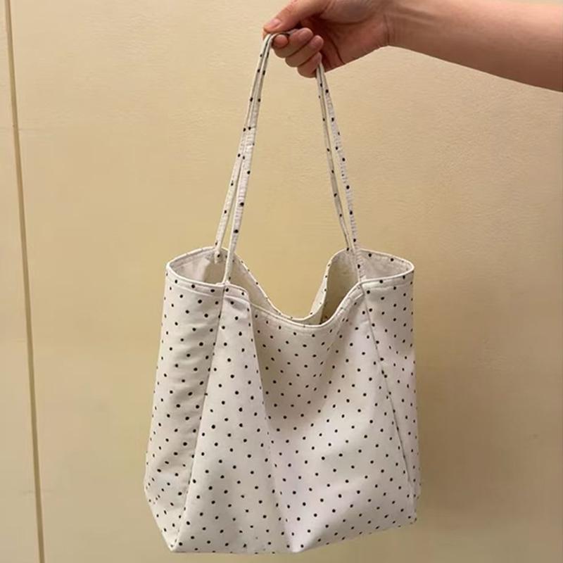 Women's Polka Dot Canvas Tote Bag Large Capacity Korean Style Casual Shoulder Bag Lightweight Student Handbag For School Commute