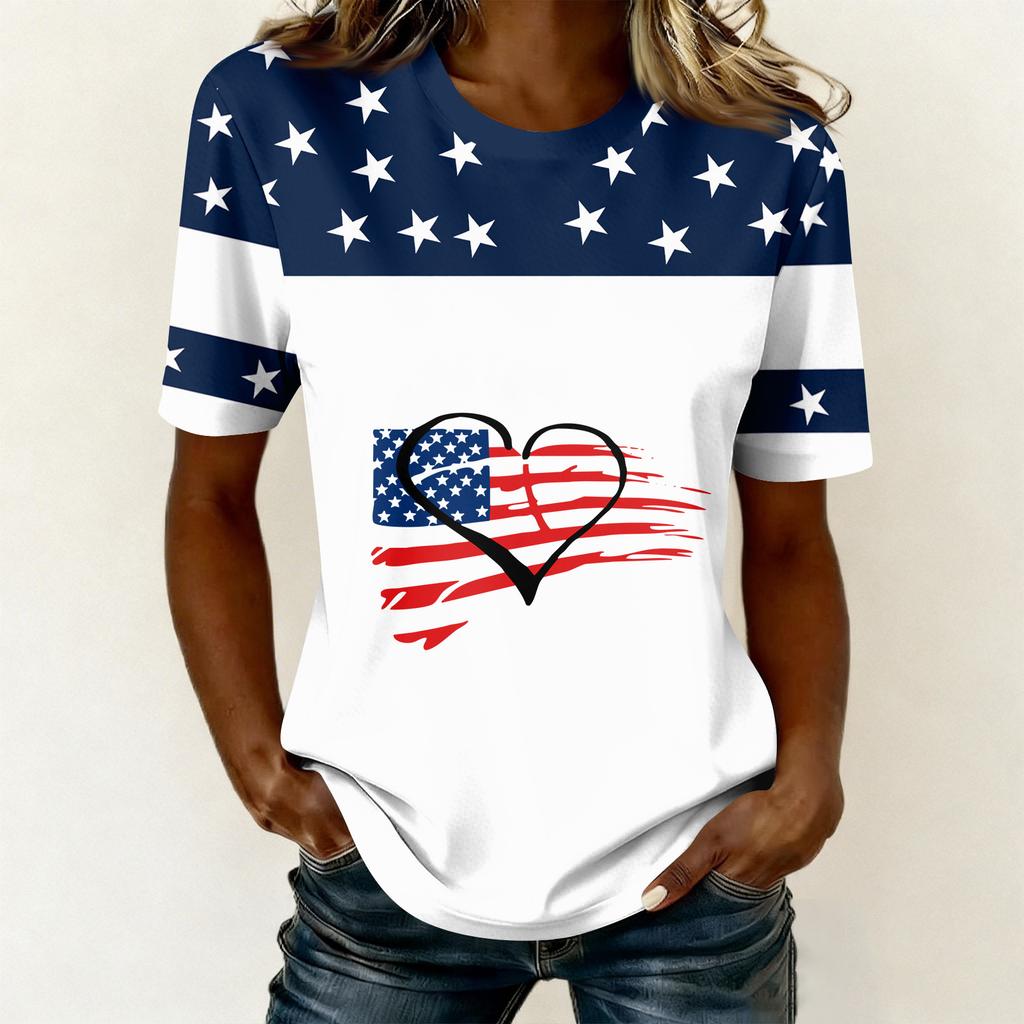 Camiseta feminina casual estampada gola redonda pulôver manga curta top