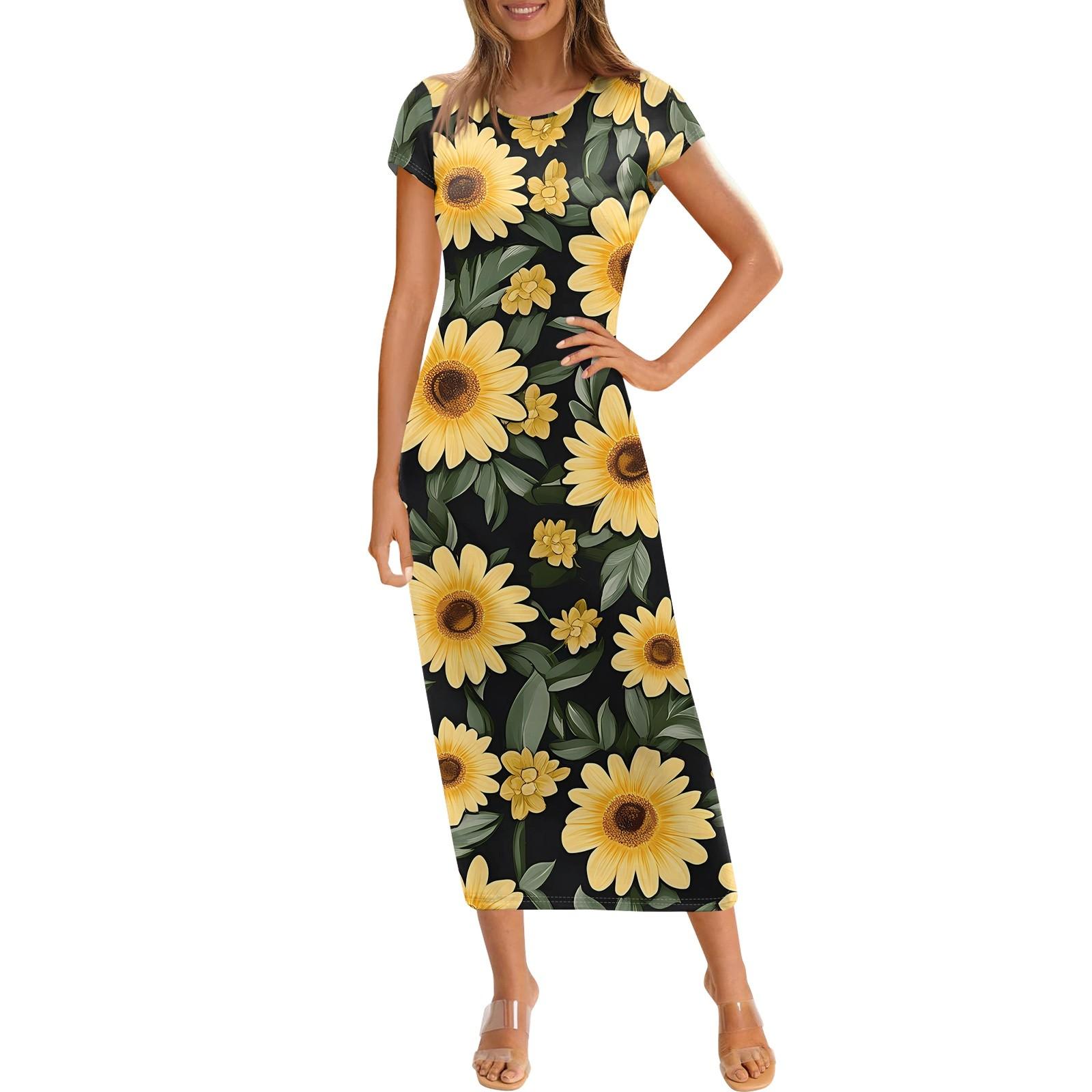 

Women s Fashion Casual Print Round Neck Short Sleeve Long Dress M жовтий