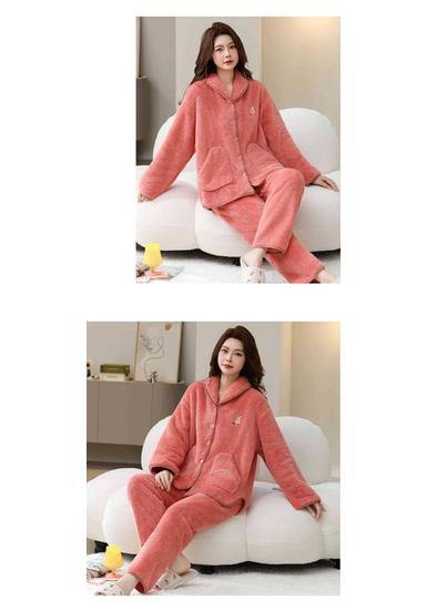 Women's Coral Fleece Pajamas, Plus Velvet, Thick, Large Size, Warm Winter Flannel Home Set for Middle-Aged and Elderly