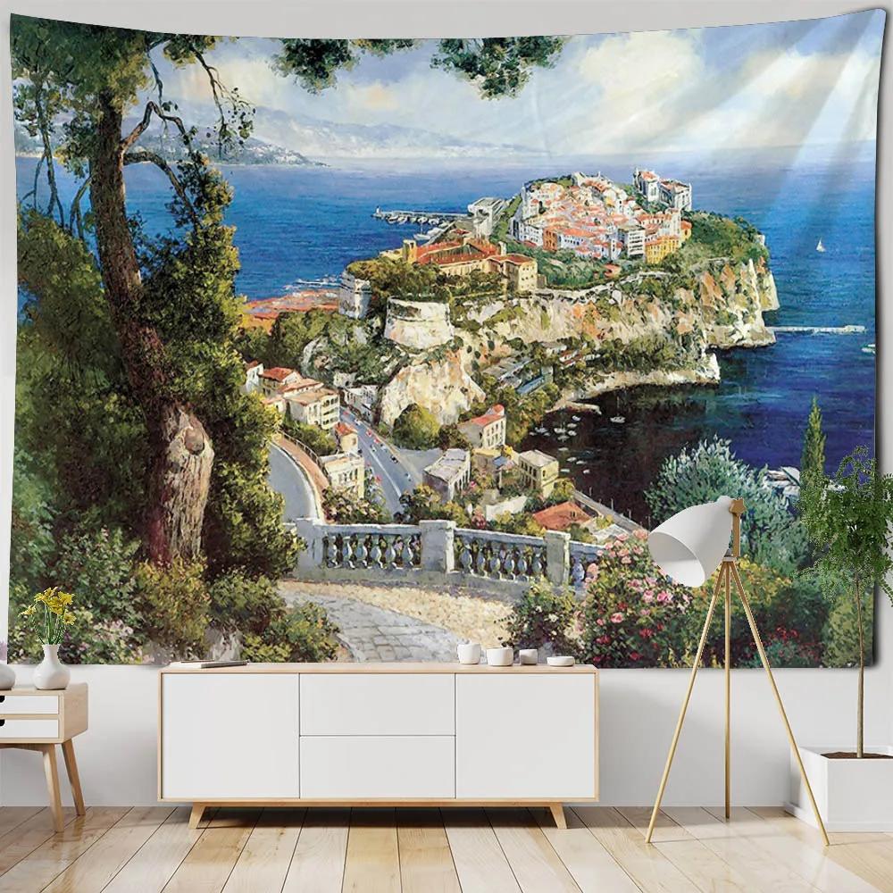 Sea View Oil Painting Printed Tapestry Wall Hanging Living Room Bedroom Wall Decoration Outdoor Picnic Bed Sheets Beach Mats
